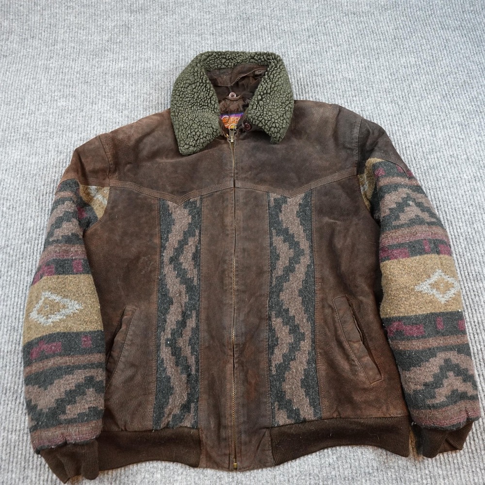 Cripple Creek Aztec Jacket Mens XL Brown Leather Western Bomber Geometric Knit
